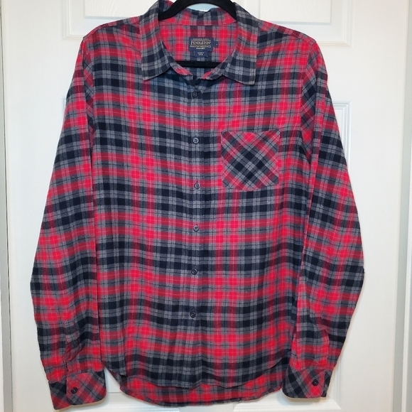 Pendleton Flannel Shirt Womens Large Long Sleeve Button Up Red Gray Plaid - Picture 1 of 10